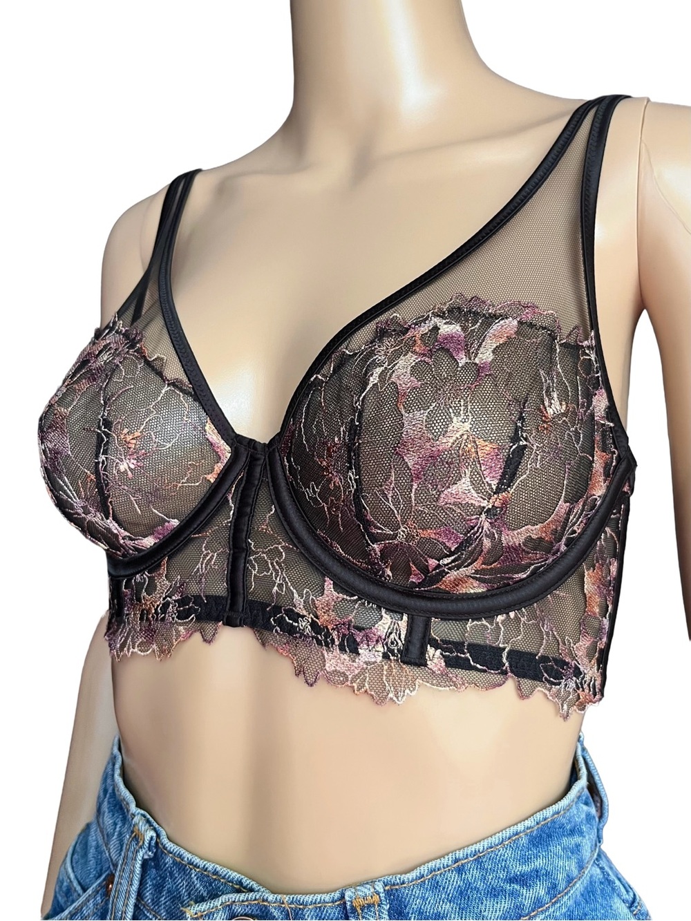 Victoria’s Secret Very Sexy Unlined Embroidered Bra 32DD Black Pink